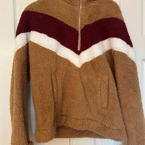 Cozy Tan Teddy Jacket with Burgundy and White Accents